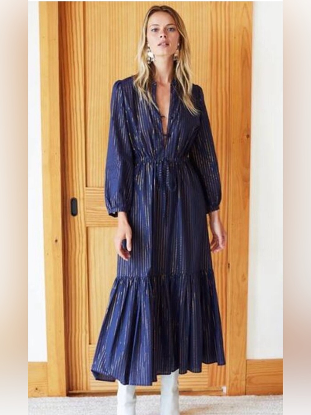 Emerson Fry Navy Maxi Dress with Gold Stripes